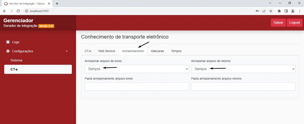 configuração intgrador v5 - Armazenamento